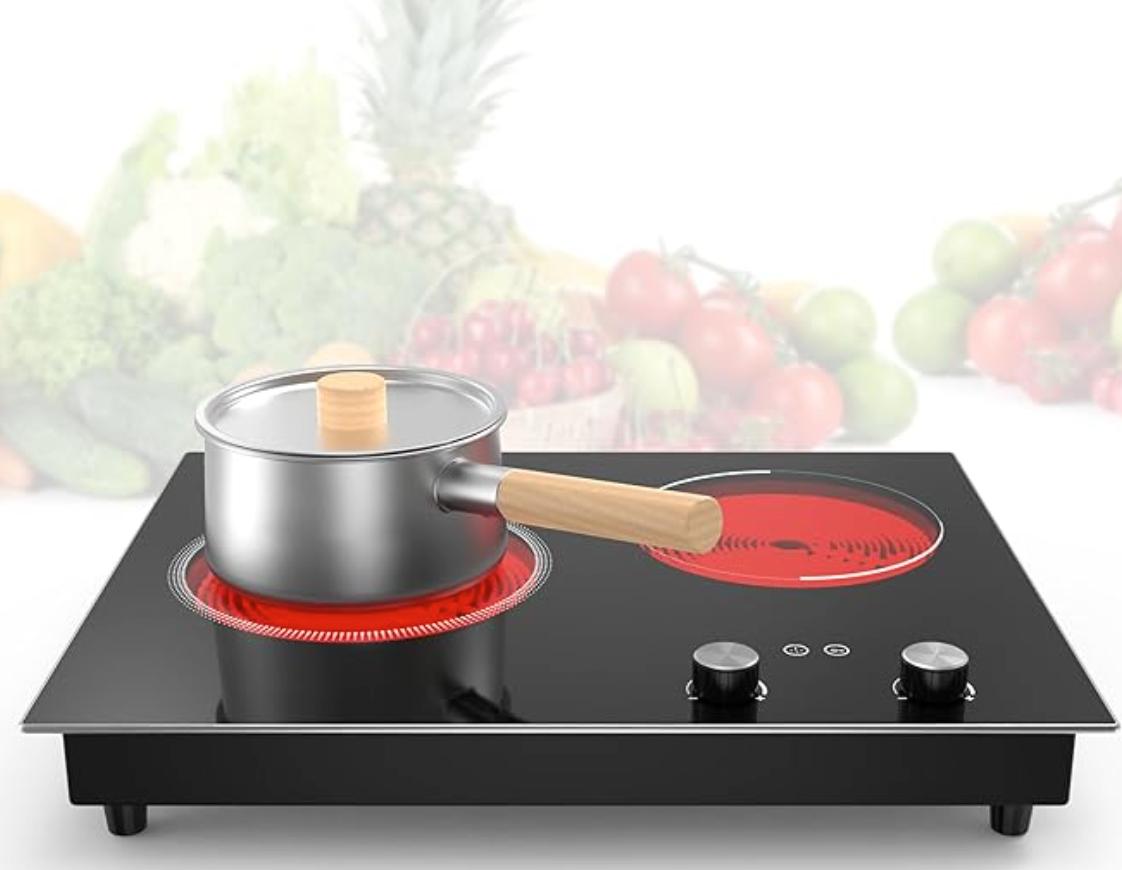 GIHETKUT Electric Cooktop,1110V 2100W 2 Burner stove,Built-in & Countertop Stove Top with10 Heating Level, Timer & Kid Safety Lock, LED Knob Touch Control 2 Burner Electric Cooktop