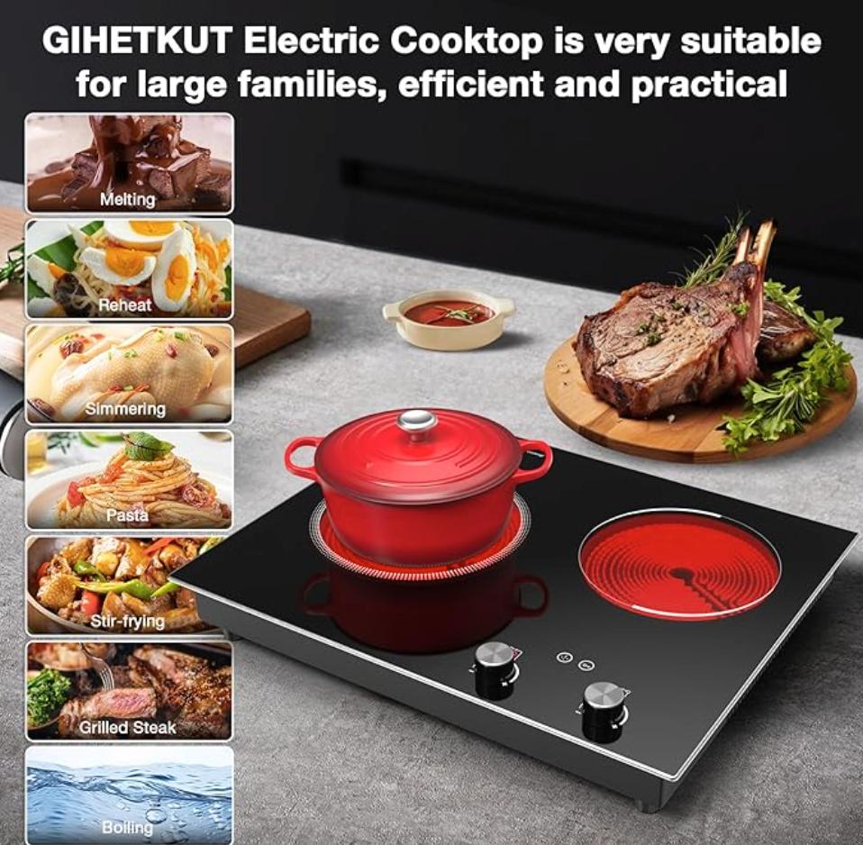 GIHETKUT Electric Cooktop,1110V 2100W 2 Burner stove,Built-in & Countertop Stove Top with10 Heating Level, Timer & Kid Safety Lock, LED Knob Touch Control 2 Burner Electric Cooktop