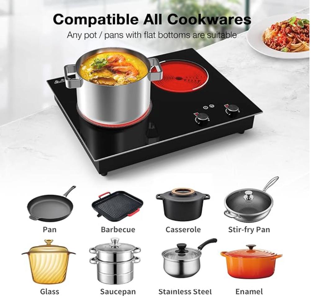 GIHETKUT Electric Cooktop,1110V 2100W 2 Burner stove,Built-in & Countertop Stove Top with10 Heating Level, Timer & Kid Safety Lock, LED Knob Touch Control 2 Burner Electric Cooktop