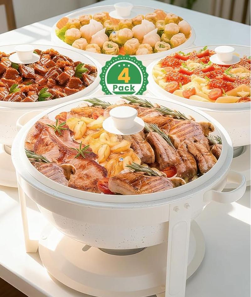 IMACONE Chafing Dishes for Buffet, 4 Pack 6QT White Chafing Dish Buffet Set, Maifanite-Coated Stainless Steel Chafer Set with Glass Lid, Rolled Edge Buffet Warmers for Parties, Weddings & Catering