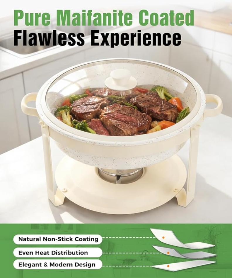 IMACONE Chafing Dishes for Buffet, 4 Pack 6QT White Chafing Dish Buffet Set, Maifanite-Coated Stainless Steel Chafer Set with Glass Lid, Rolled Edge Buffet Warmers for Parties, Weddings & Catering