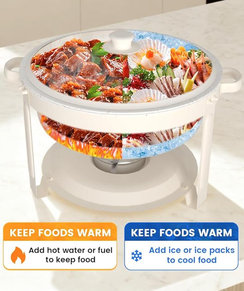 IMACONE Chafing Dishes for Buffet, 4 Pack 6QT White Chafing Dish Buffet Set, Maifanite-Coated Stainless Steel Chafer Set with Glass Lid, Rolled Edge Buffet Warmers for Parties, Weddings & Catering
