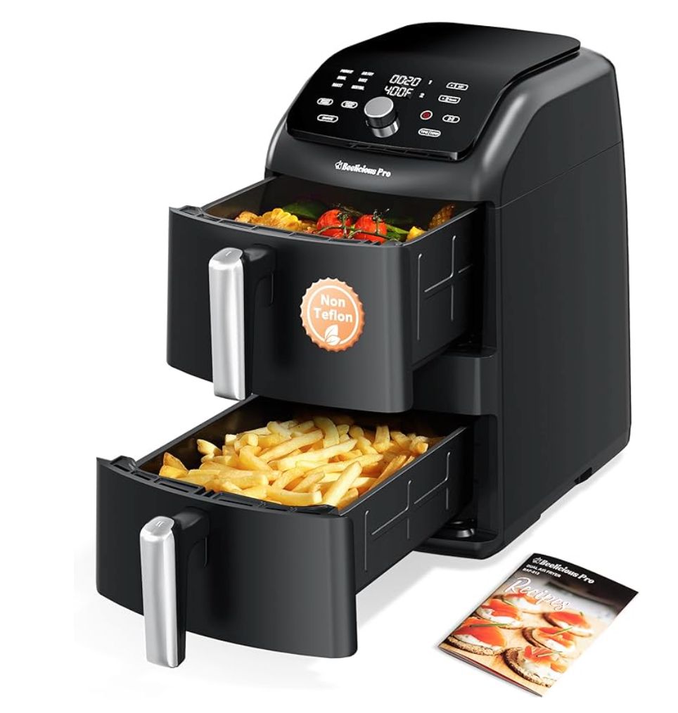 12QT Large Double Air Fryer, Family-Size Dual Airfryer with 2 Baskets, SyncHeat Even Heating, Stacked Compact Design, Smart Finish & Match Cook, PFAS-Free Nonstick, Dishwasher-Safe, Blac