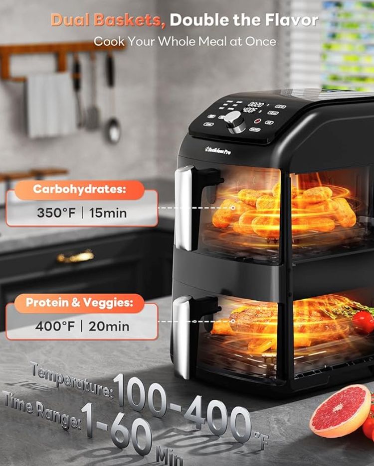 12QT Large Double Air Fryer, Family-Size Dual Airfryer with 2 Baskets, SyncHeat Even Heating, Stacked Compact Design, Smart Finish & Match Cook, PFAS-Free Nonstick, Dishwasher-Safe, Blac