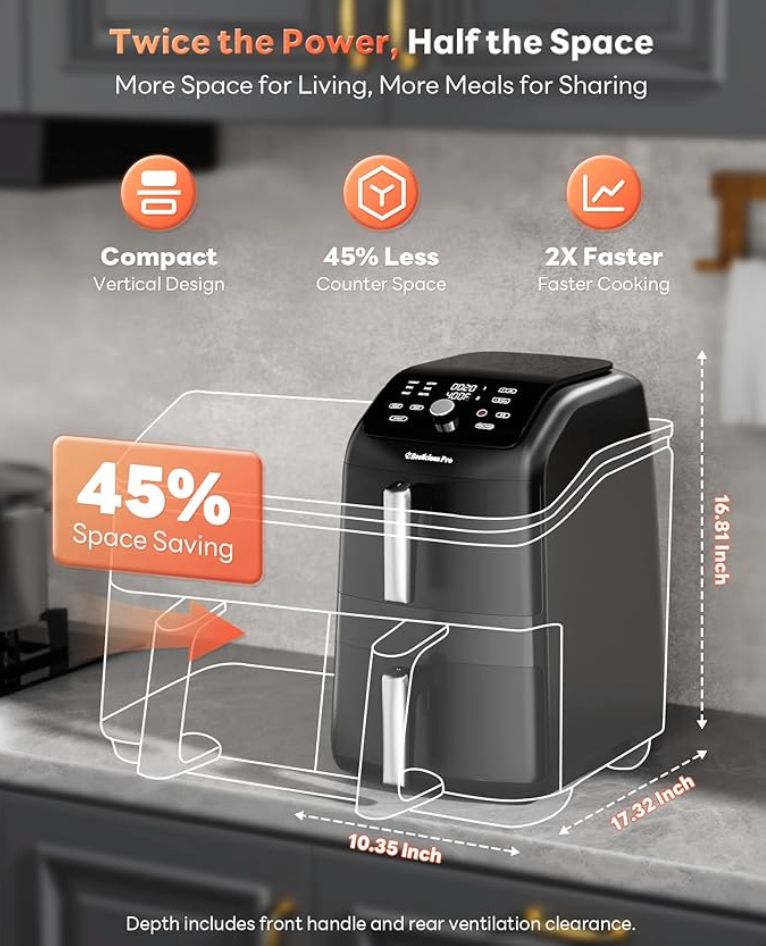 12QT Large Double Air Fryer, Family-Size Dual Airfryer with 2 Baskets, SyncHeat Even Heating, Stacked Compact Design, Smart Finish & Match Cook, PFAS-Free Nonstick, Dishwasher-Safe, Blac