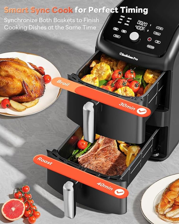 12QT Large Double Air Fryer, Family-Size Dual Airfryer with 2 Baskets, SyncHeat Even Heating, Stacked Compact Design, Smart Finish & Match Cook, PFAS-Free Nonstick, Dishwasher-Safe, Blac