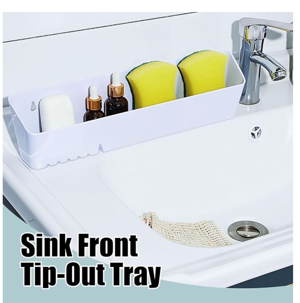 Umigy 2 Pack 14" Kitchen Sink Tip Out Tray, False Drawer Front Flip Tray with Hinges & Clips, Sink Sponge Soap Organizer for Kitchen Bathroom, White