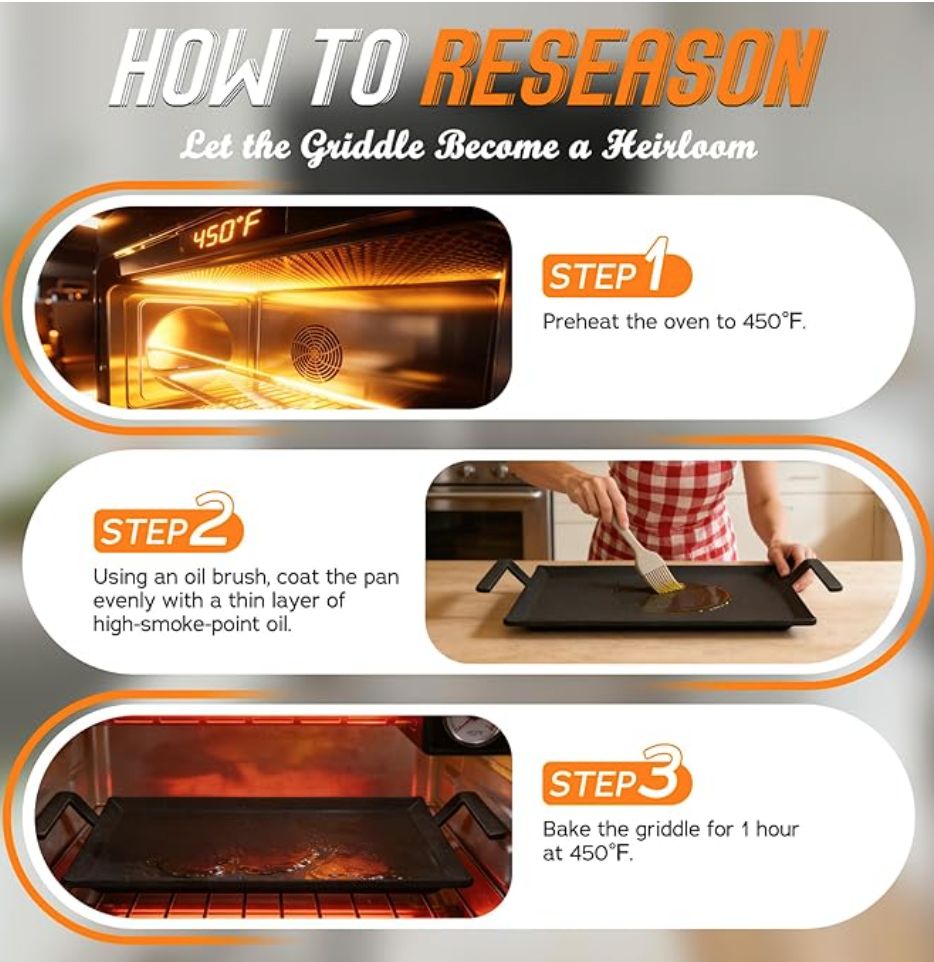 Premium Carbon Steel Griddle Comes with Grill Press, Large Non-Toxic Stovetop Flat Top Pan for Gas, Electric Range, Induction, Grill & Campfire, Pre-seasoned Nitride Coating, Oven Safe to 1200°F