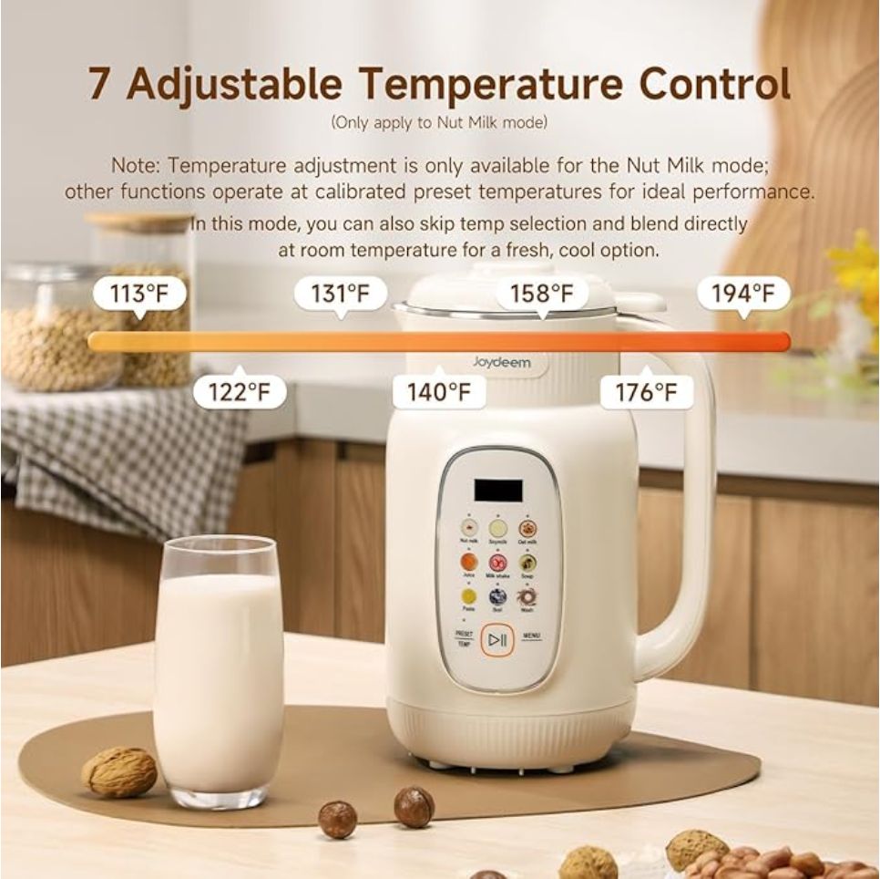 Joydeem Nut Milk Maker Machine,Adjustable Temperature Control, 46oz Almond, Soy, Oat, Coconut Plant-Based Non-Dairy Beverage Blender with 10 Blades, Auto Clean, Boil Water, Timer, Keep Warm, White