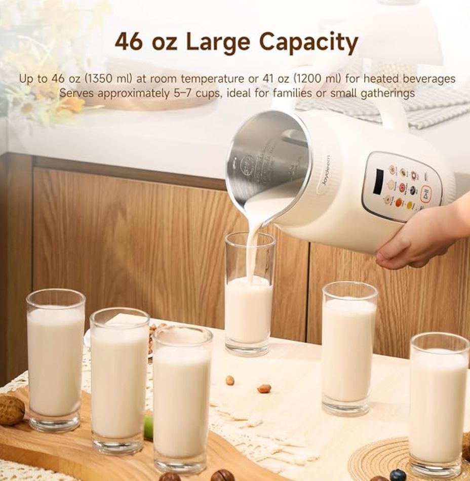 Joydeem Nut Milk Maker Machine,Adjustable Temperature Control, 46oz Almond, Soy, Oat, Coconut Plant-Based Non-Dairy Beverage Blender with 10 Blades, Auto Clean, Boil Water, Timer, Keep Warm, White