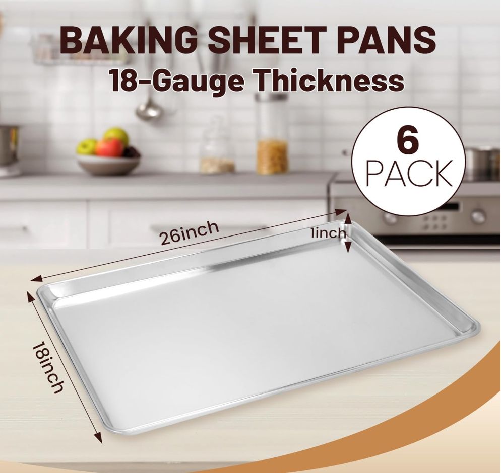 BIEAMA 6 Pack Full Size Baking Sheet Pan Aluminum Commercial Pan for Oven Freezer Bakery Hotel Restaurant 26" × 18"